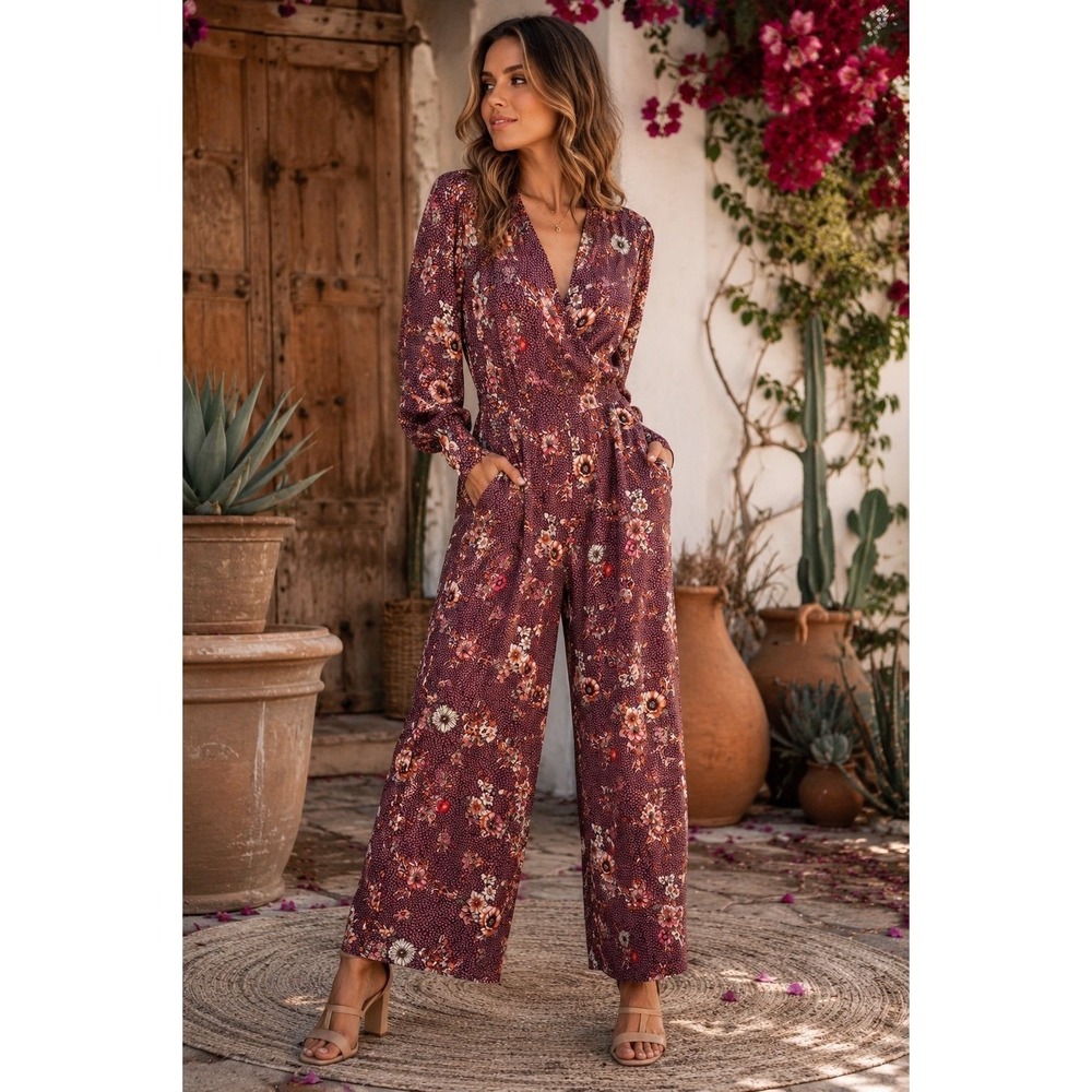 Lost + Wander Floral Wide Leg Jumpsuit Women's Small Burgundy Long Sleeve Boho R